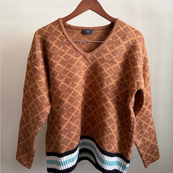 Yest Sweaters - Yest Brown Geometric V Neck Sweater Striped Hem Size 10
